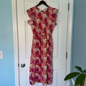 MICHELLE MCDOWELL Pink Orange White Smocked Midi Dress Size Medium